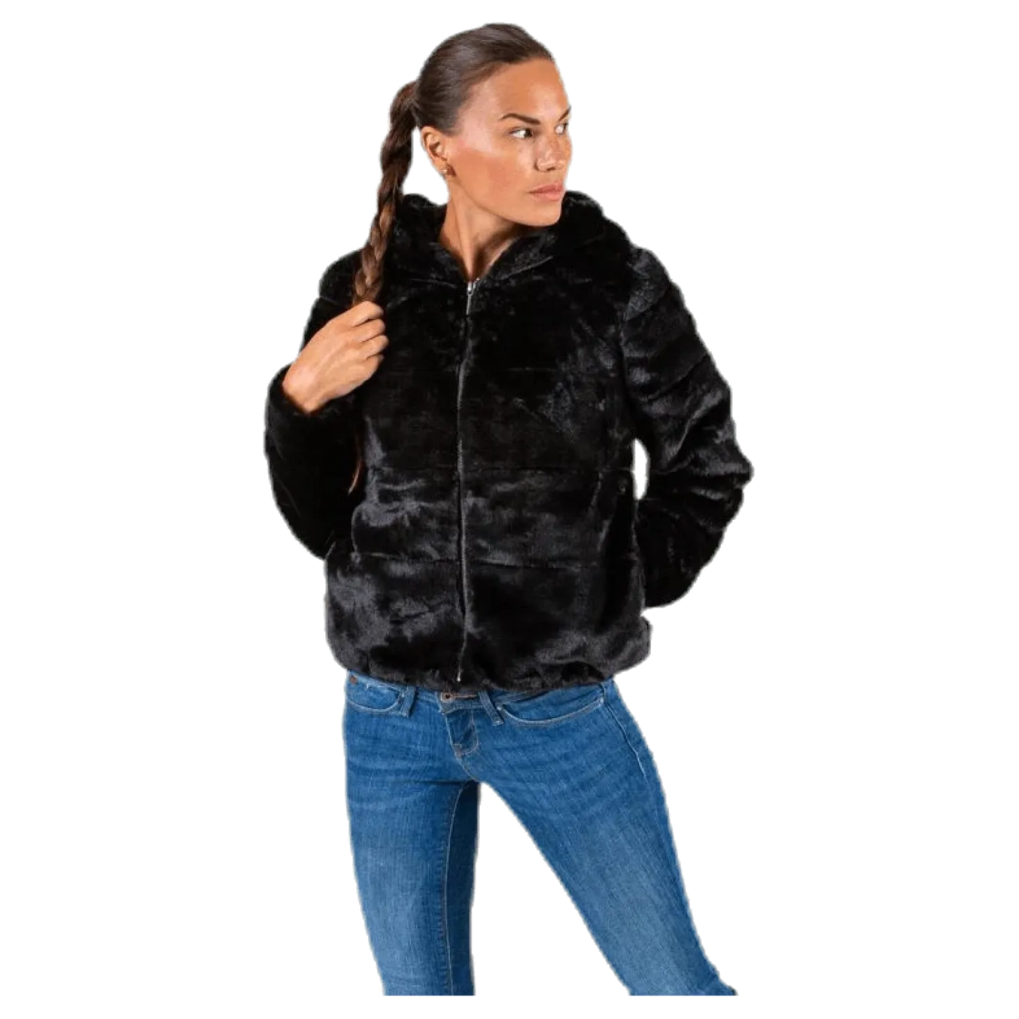Chris Fur Hooded Jacket Otw Black