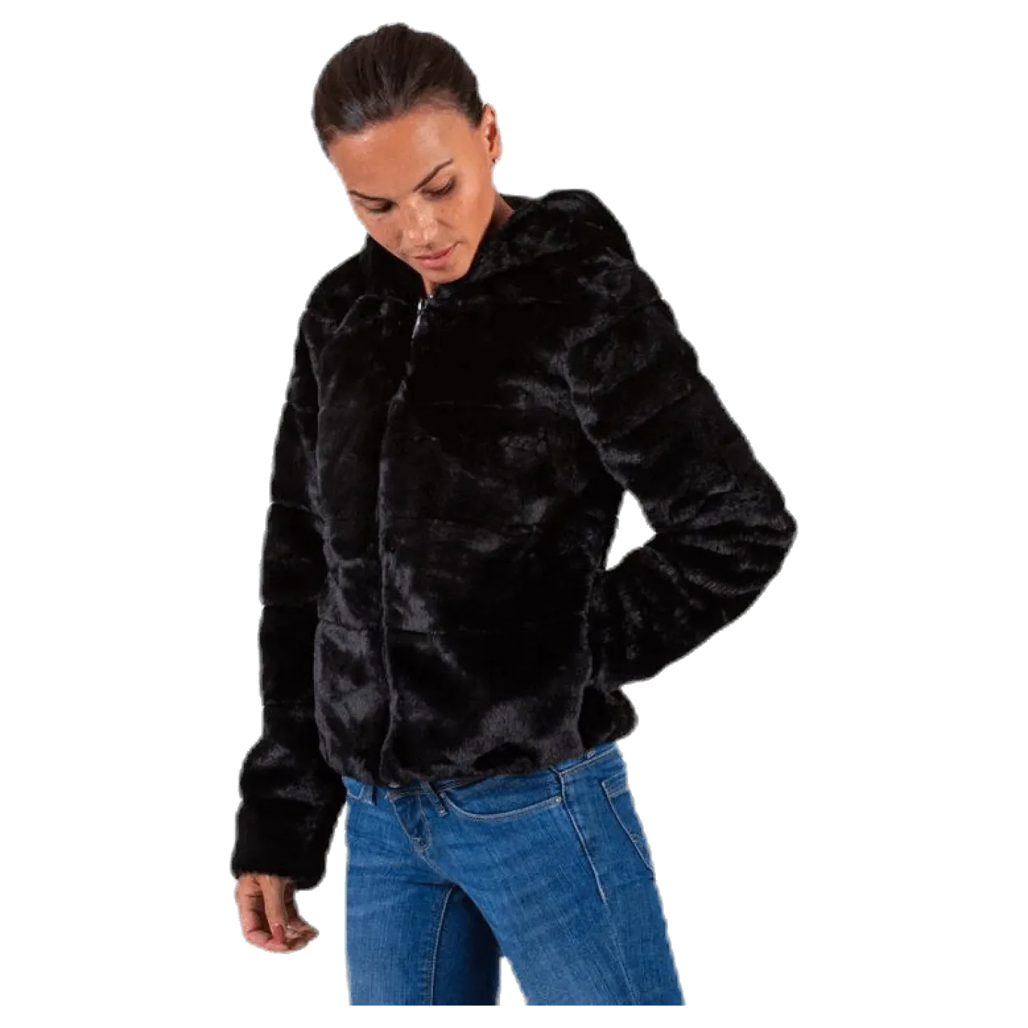 Chris Fur Hooded Jacket Otw Black
