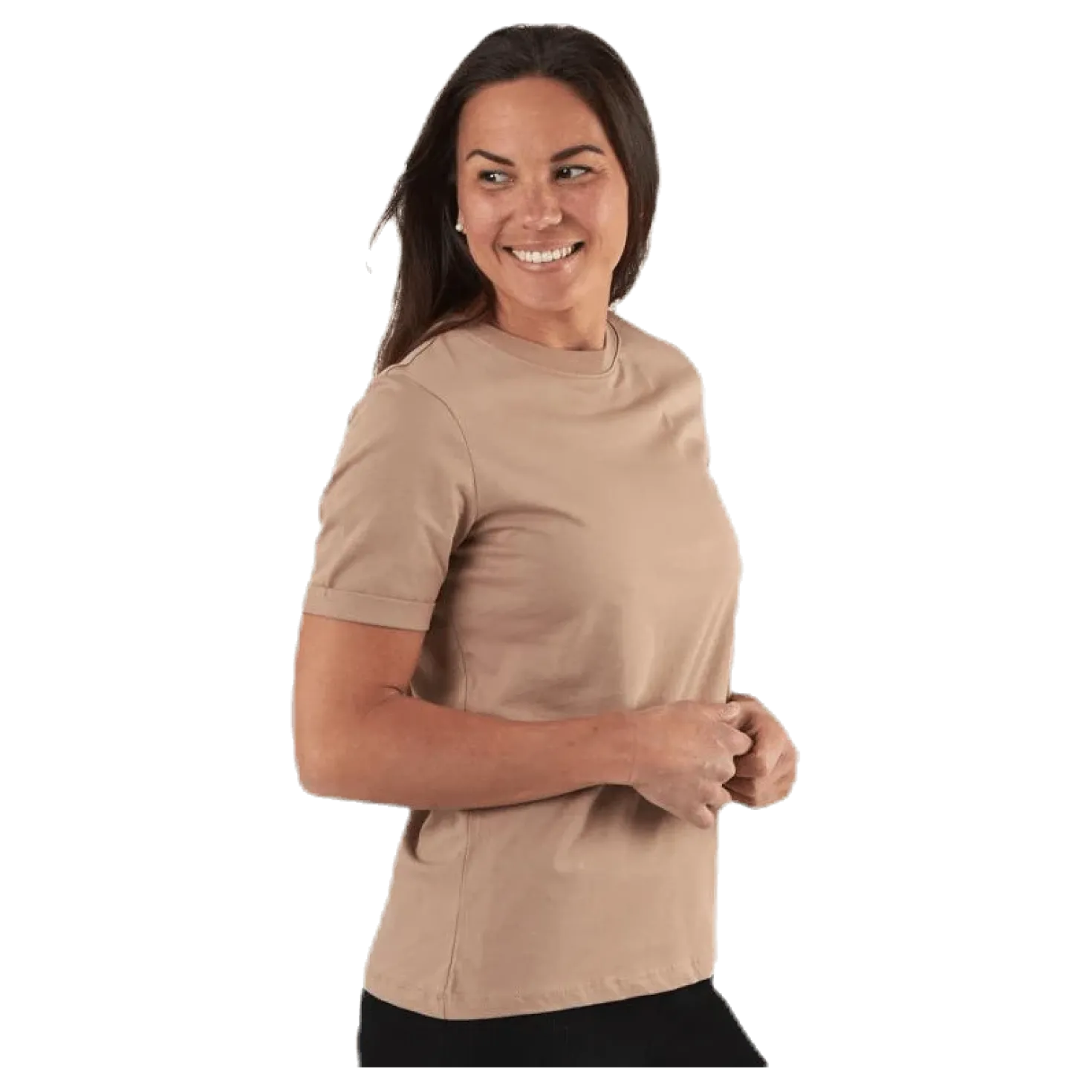 Ria Ss Fold Up Solid Tee Beige